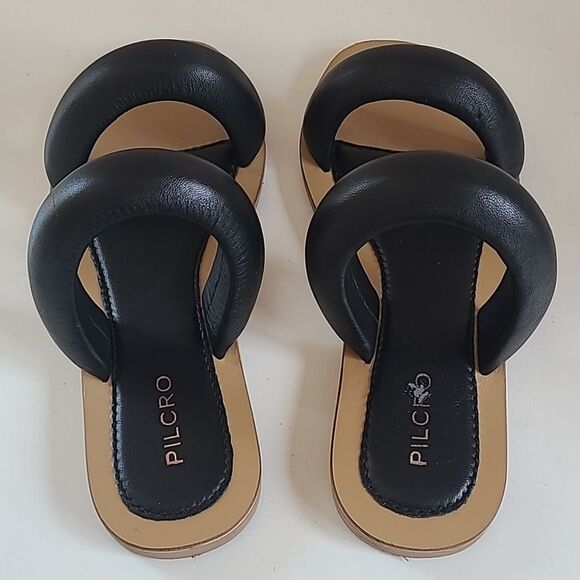 Anthropologie Pilcro Double Puff Strap Black Leather Slide Sandals Size 6 - Picture 6 of 14